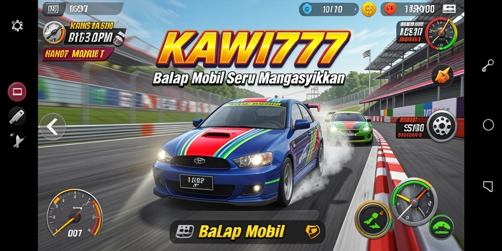 Tampilan antarmuka KAWI777 dengan mobil balap di lintasan yang dramatis.