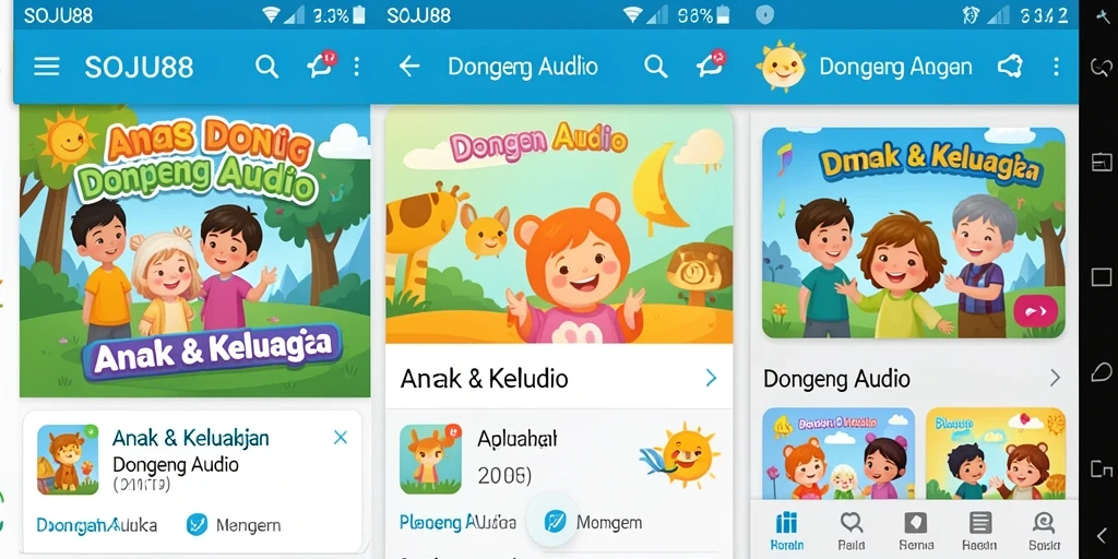 Antarmuka SOJU88 menampilkan pilihan dongeng audio untuk anak-anak.